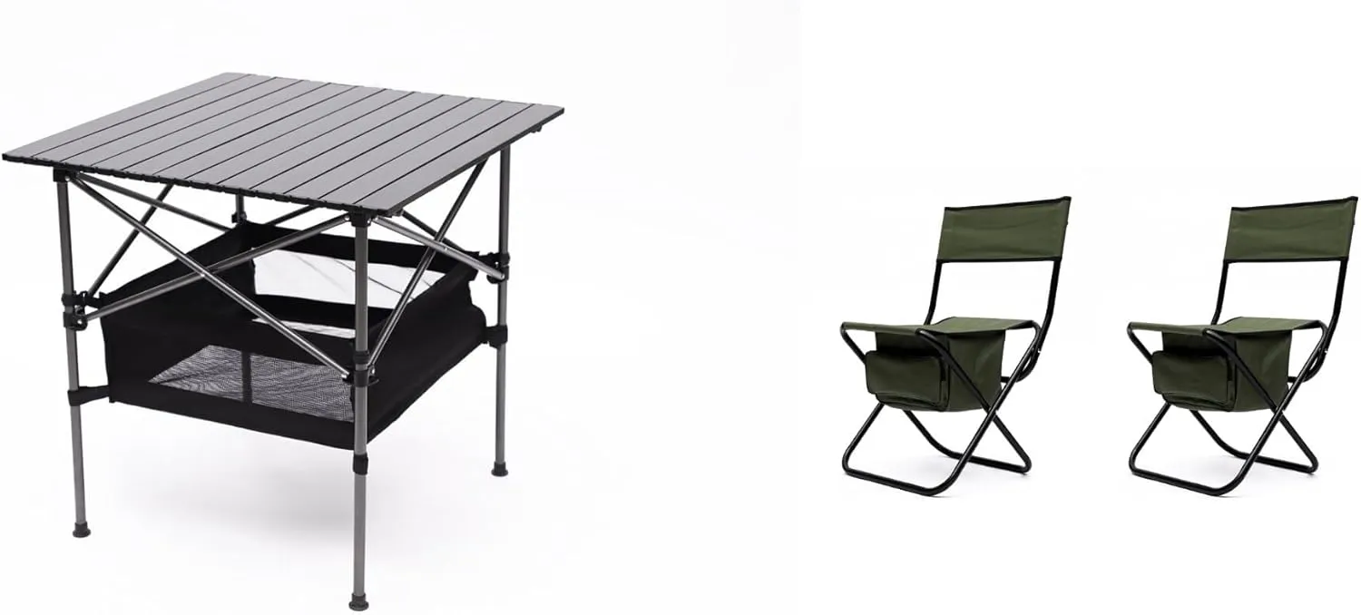 Camping Tables That Fold Up Lightweight， Portable Camping Table and Chairs Set, 3-Piece, Folding Aluminum Table with Storage Shelf and 2 Green Chairs