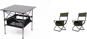 Camping Tables That Fold Up Lightweight， Portable Camping Table and Chairs Set, 3-Piece, Folding Aluminum Table with Storage Shelf and 2 Green Chairs
