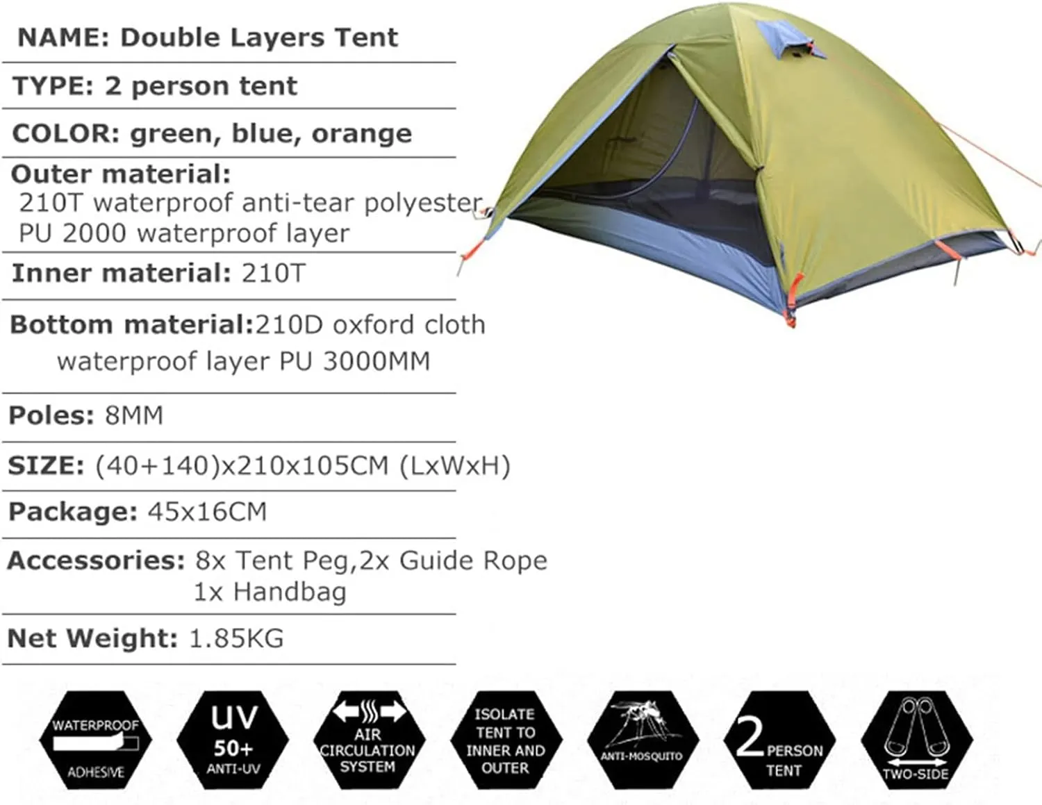Camping Tents, Backpacking Tent 2 Person Aluminum Pole Lightweight Camping Tent Double Layer Portable Handbag for Hiking Travelling (Color : Blue)