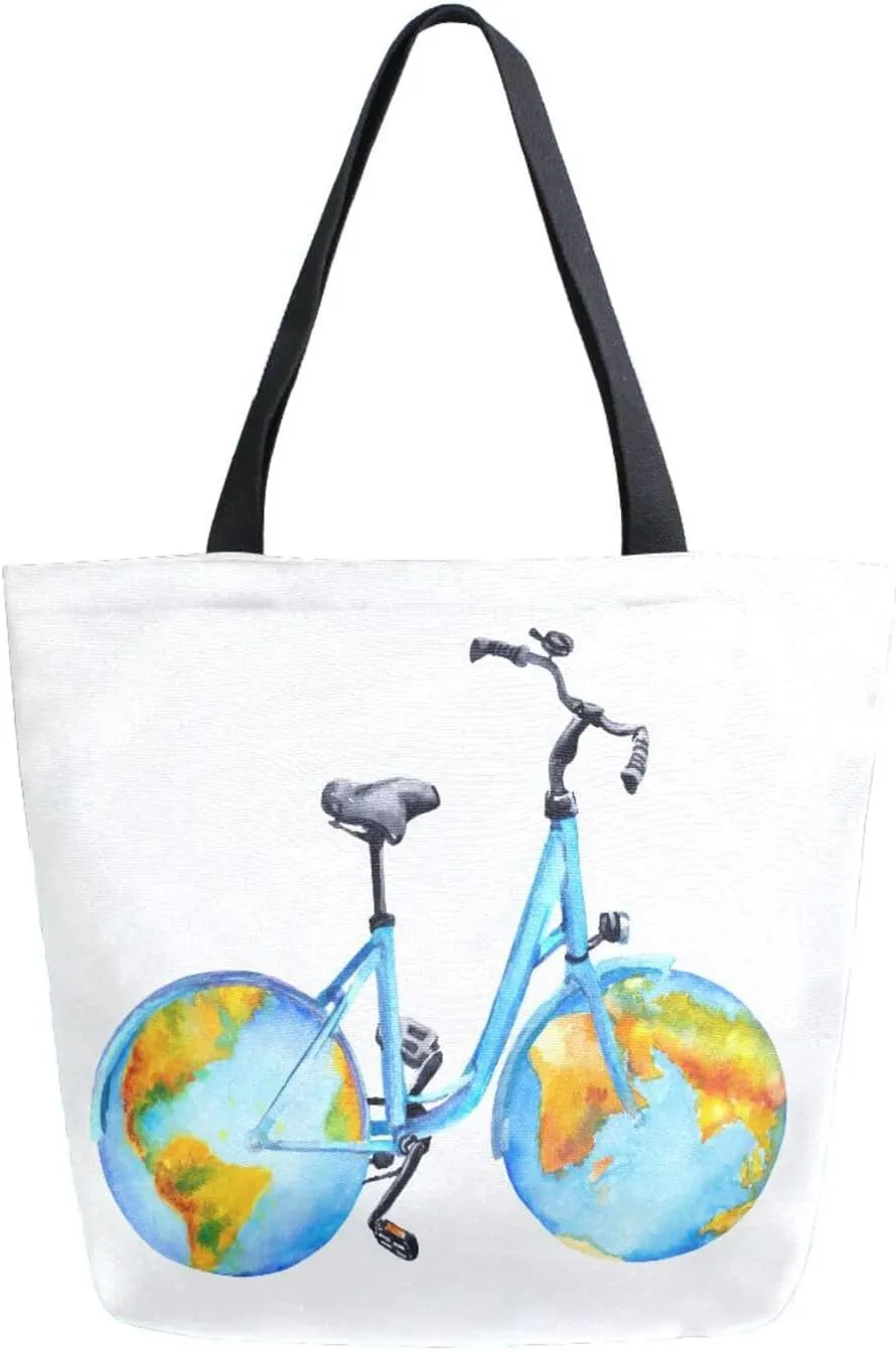 Canvas Tote Bag Bicycle World Globe Wheels Women Shoulder Bag Summer Cute Reusable Grocery Bags Large Handbag Travel Shopping Bag for School Nursing Gift Outdoors