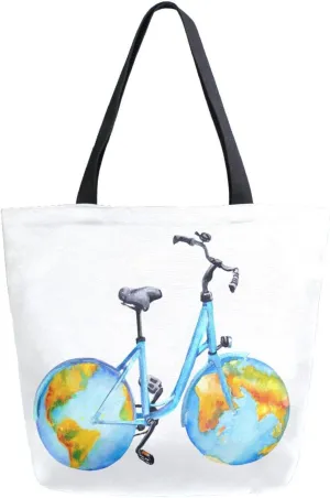 Canvas Tote Bag Bicycle World Globe Wheels Women Shoulder Bag Summer Cute Reusable Grocery Bags Large Handbag Travel Shopping Bag for School Nursing Gift Outdoors