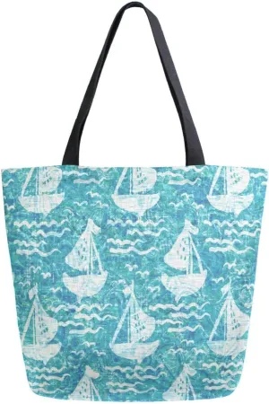 Canvas Tote Bag Blue Sailing Boat Women Shoulder Bag Summer Nautical Turquoise Wave Reusable Grocery Bags Large Handbag Travel Shopping Bag for School Nursing Gift Outdoors