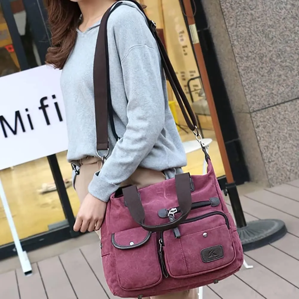 Canvas Tote Bag for Women Multi-pockets Crossbody Purse Roomy Shoulder Handbag Top Handle Satchel Purse Messenger Bag