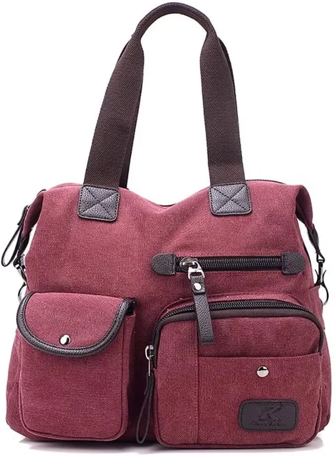 Canvas Tote Bag for Women Multi-pockets Crossbody Purse Roomy Shoulder Handbag Top Handle Satchel Purse Messenger Bag