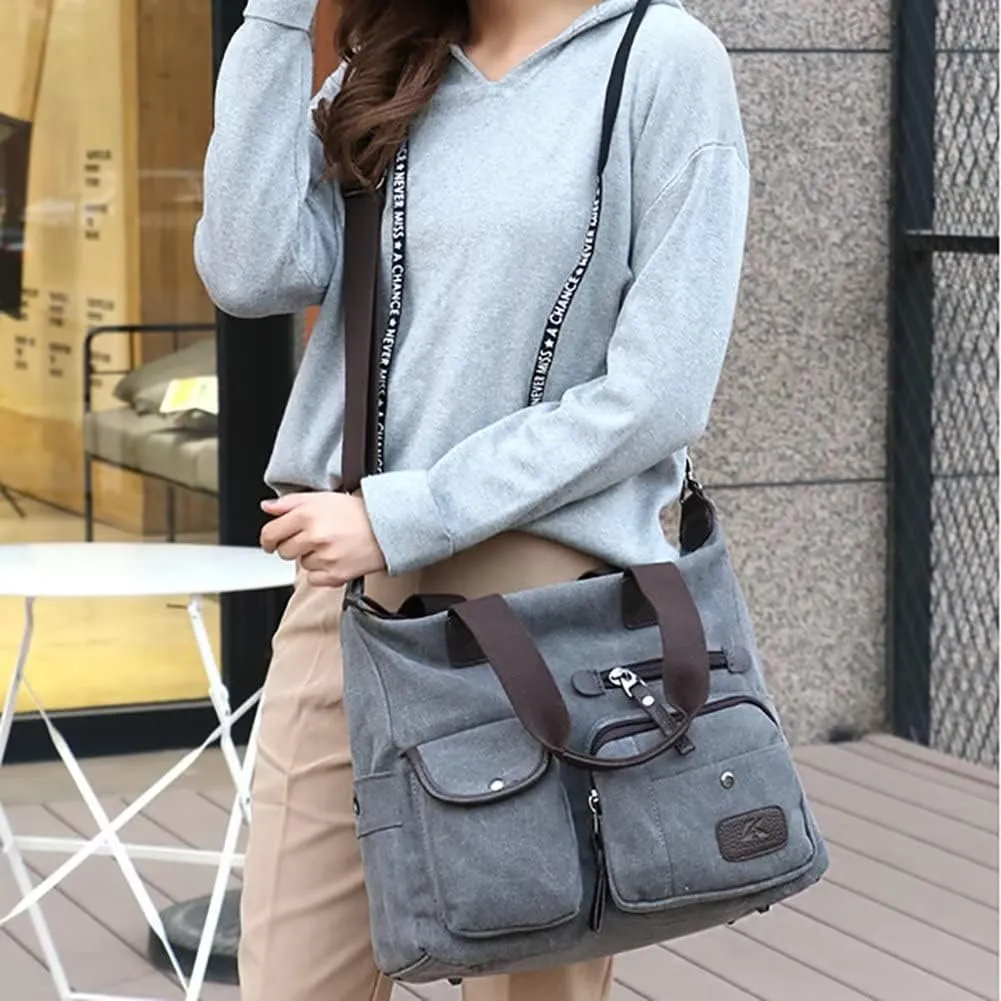 Canvas Tote Bag for Women Multi-pockets Crossbody Purse Roomy Shoulder Handbag Top Handle Satchel Purse Messenger Bag