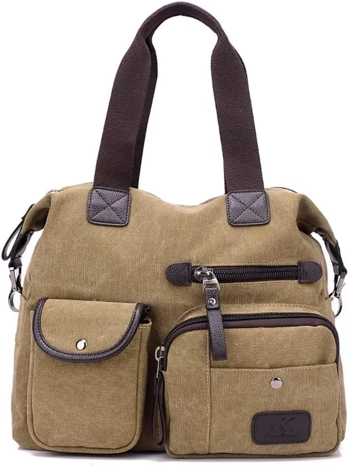 Canvas Tote Bag for Women Multi-pockets Crossbody Purse Roomy Shoulder Handbag Top Handle Satchel Purse Messenger Bag