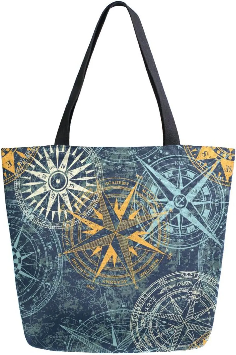 Canvas Tote Bag Summer Grunge Women Shoulder Bag Retro Nautical Reusable Grocery Bags Large Handbag Travel Shopping Bag for School Nursing Gift Outdoors