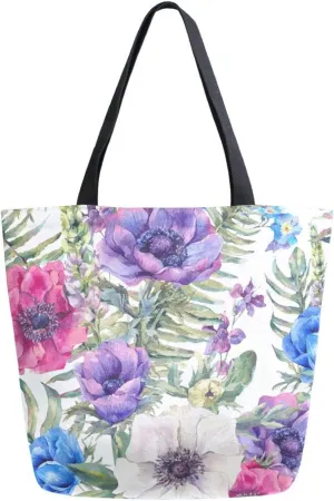 Canvas Tote Bag Summer Vintage Floral Women Shoulder Bag Blooming Anemones Fern Leaves Garden Reusable Grocery Bags Large Handbag Travel Shopping Bag for School Nursing Gift Outdoors