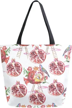 Canvas Tote Bag Watercolor Pomegranate Women Shoulder Bag Summer Birds Fruits Reusable Grocery Bags Large Handbag Travel Shopping Bag for School Nursing Gift Outdoors
