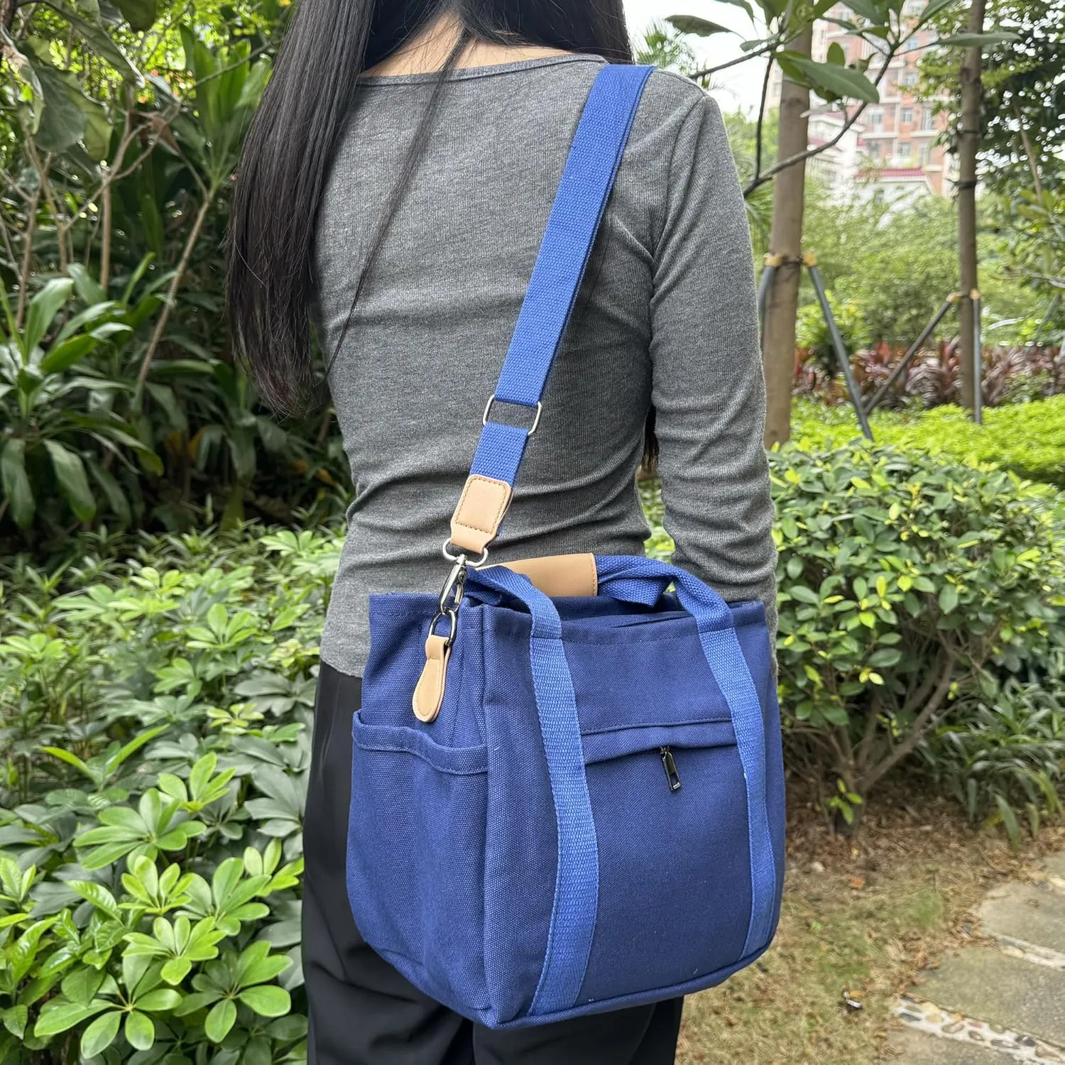 Canvas Tote Bag with Multiple Pockets for Women, Cute Crossbody Shoulder Bag Casual Hobo Messenger Purse Handbag