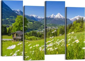Canvas Wall Art Prints Alpine scenery mountain chalet summer 4 Piece Framed Wall Art Painting Pictures Artwork Posters Home Decor for Living Room Bedroom Office Gift