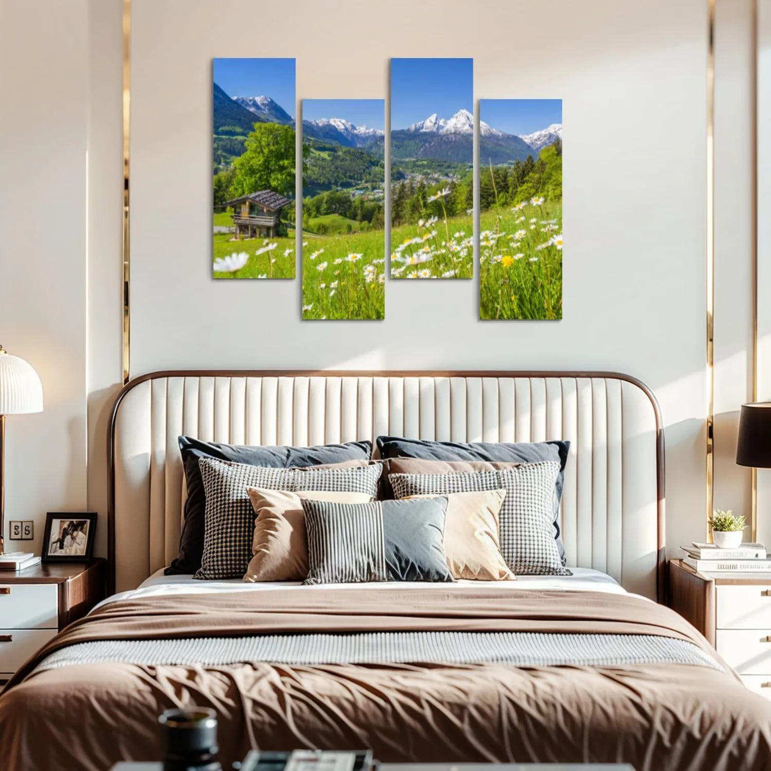 Canvas Wall Art Prints Alpine scenery mountain chalet summer 4 Piece Framed Wall Art Painting Pictures Artwork Posters Home Decor for Living Room Bedroom Office Gift