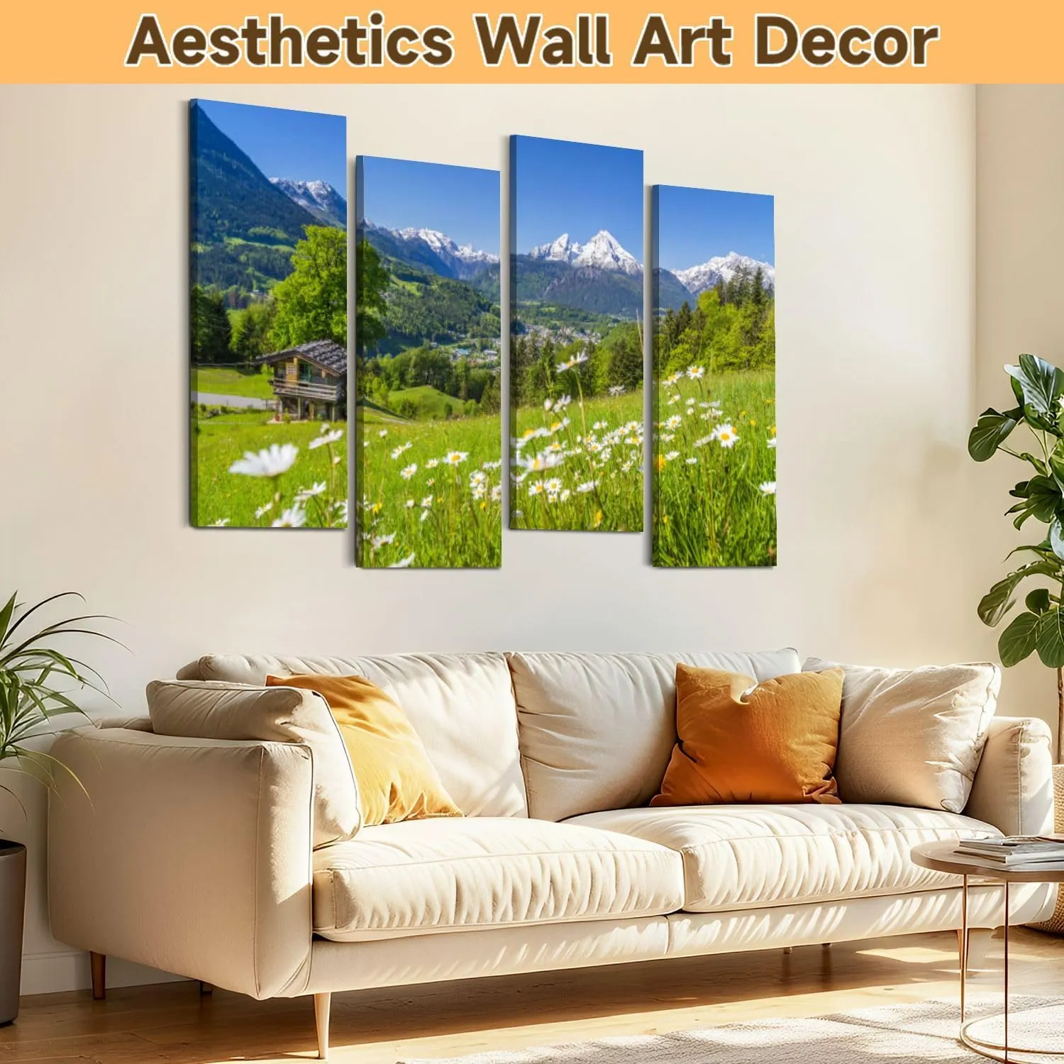 Canvas Wall Art Prints Alpine scenery mountain chalet summer 4 Piece Framed Wall Art Painting Pictures Artwork Posters Home Decor for Living Room Bedroom Office Gift