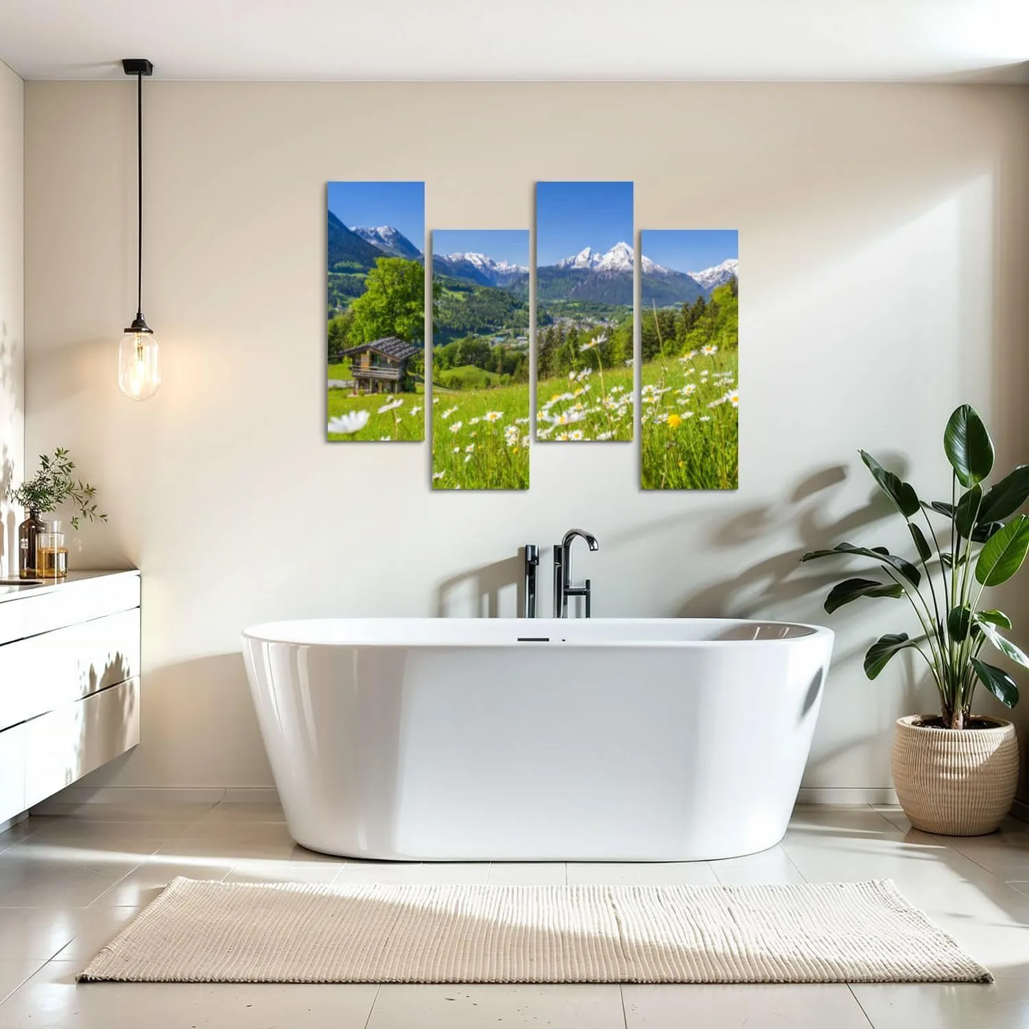 Canvas Wall Art Prints Alpine scenery mountain chalet summer 4 Piece Framed Wall Art Painting Pictures Artwork Posters Home Decor for Living Room Bedroom Office Gift