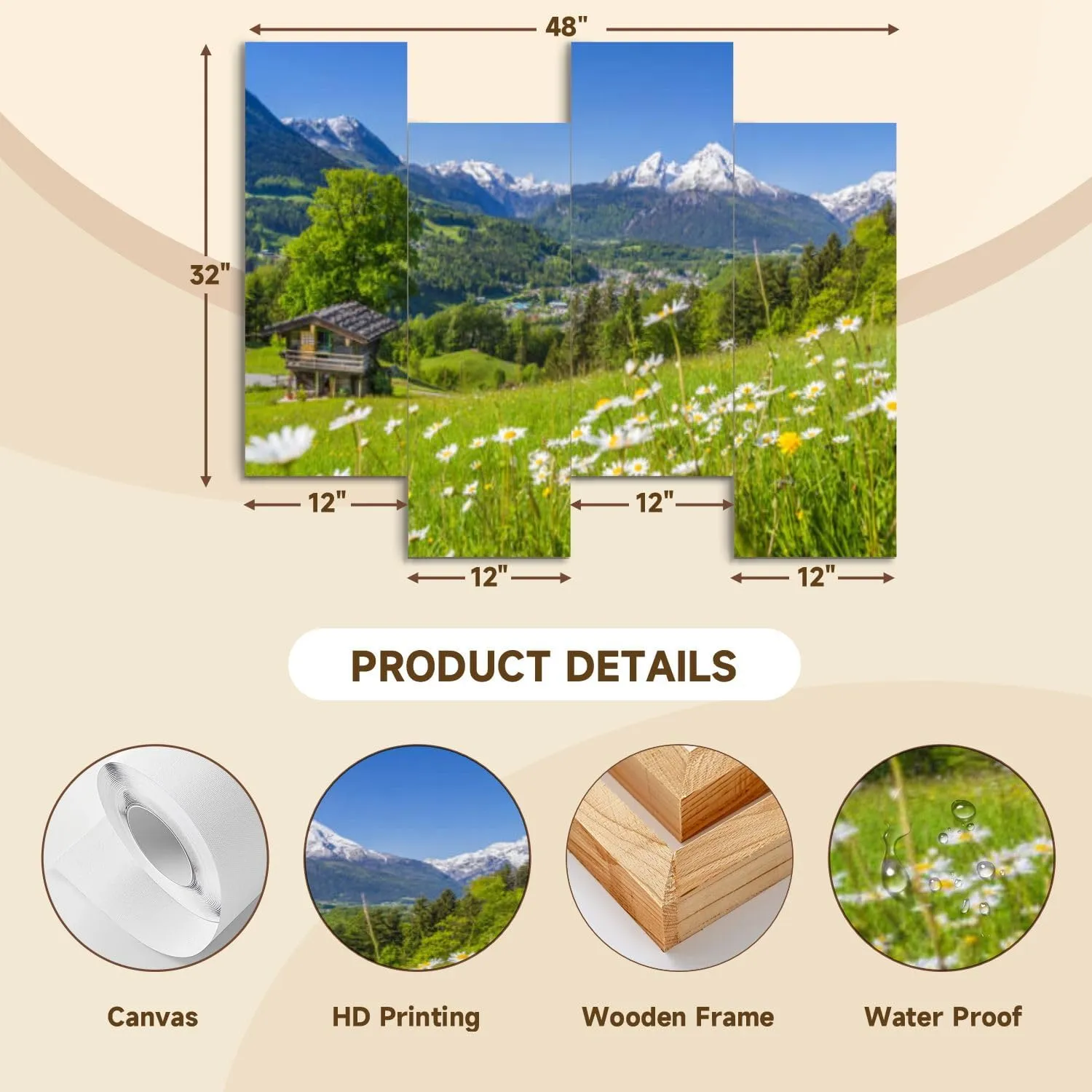 Canvas Wall Art Prints Alpine scenery mountain chalet summer 4 Piece Framed Wall Art Painting Pictures Artwork Posters Home Decor for Living Room Bedroom Office Gift