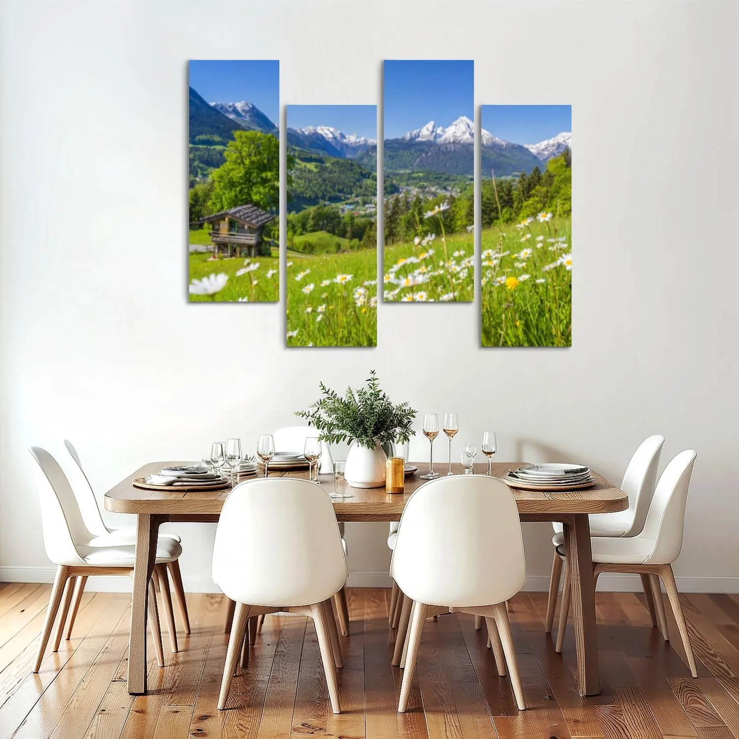 Canvas Wall Art Prints Alpine scenery mountain chalet summer 4 Piece Framed Wall Art Painting Pictures Artwork Posters Home Decor for Living Room Bedroom Office Gift
