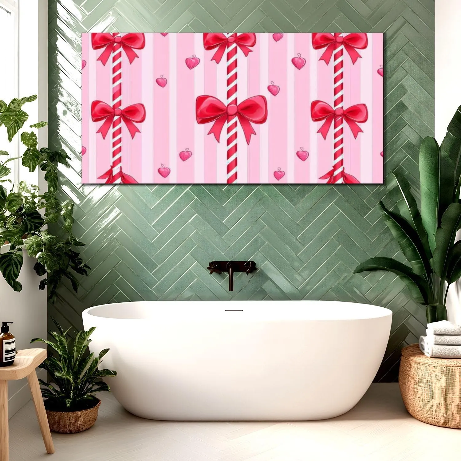 Canvas Wall Art Prints Christmas cute red bow Seamless coquette pattern peppermint sticks for Large Framed Wall Art Painting Artwork Poster Hanging Home Decor for Living Room Office Bathroom 30"x60"