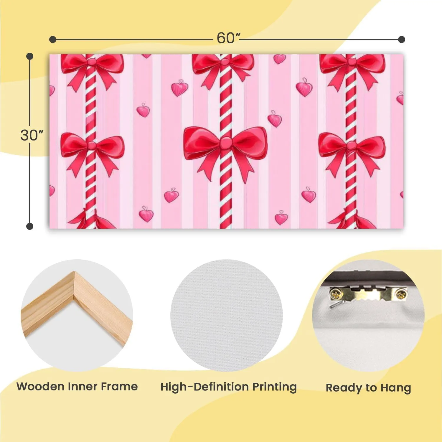 Canvas Wall Art Prints Christmas cute red bow Seamless coquette pattern peppermint sticks for Large Framed Wall Art Painting Artwork Poster Hanging Home Decor for Living Room Office Bathroom 30"x60"