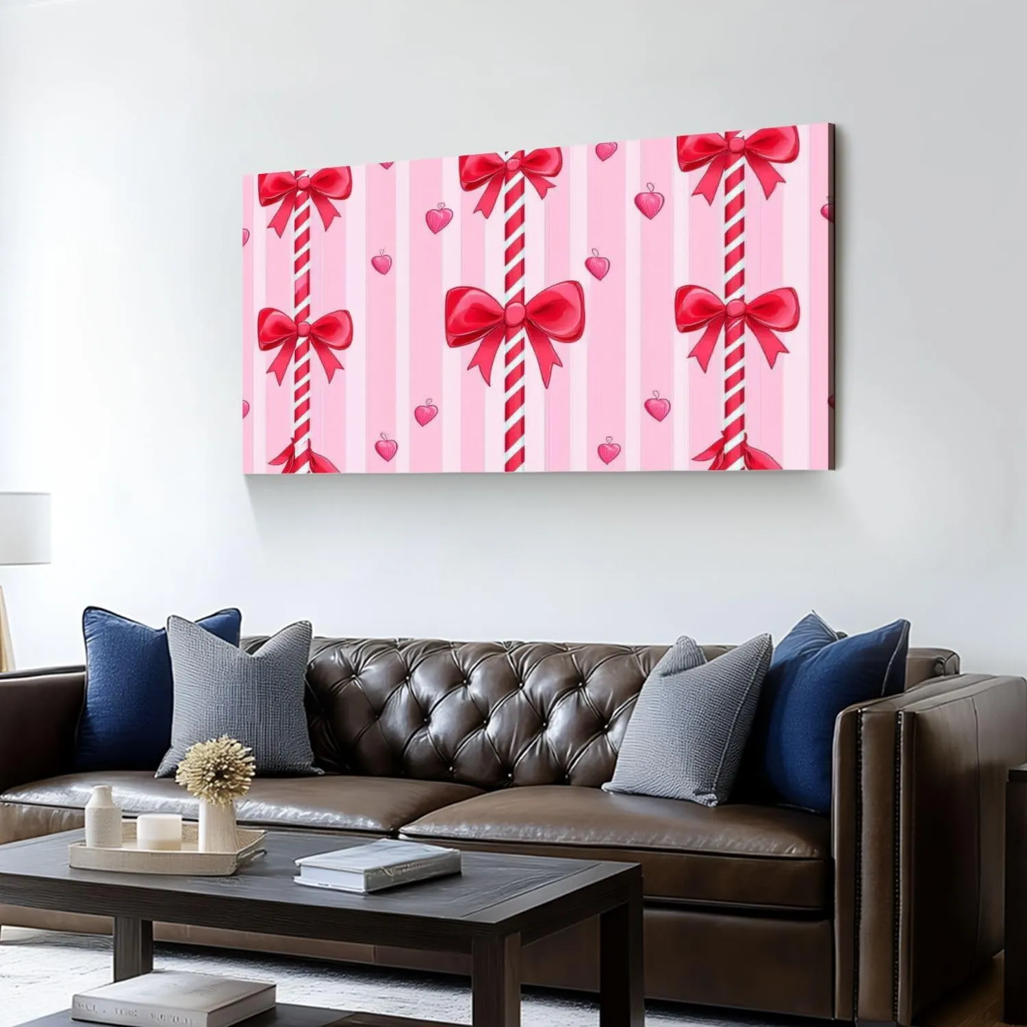 Canvas Wall Art Prints Christmas cute red bow Seamless coquette pattern peppermint sticks for Large Framed Wall Art Painting Artwork Poster Hanging Home Decor for Living Room Office Bathroom 30"x60"
