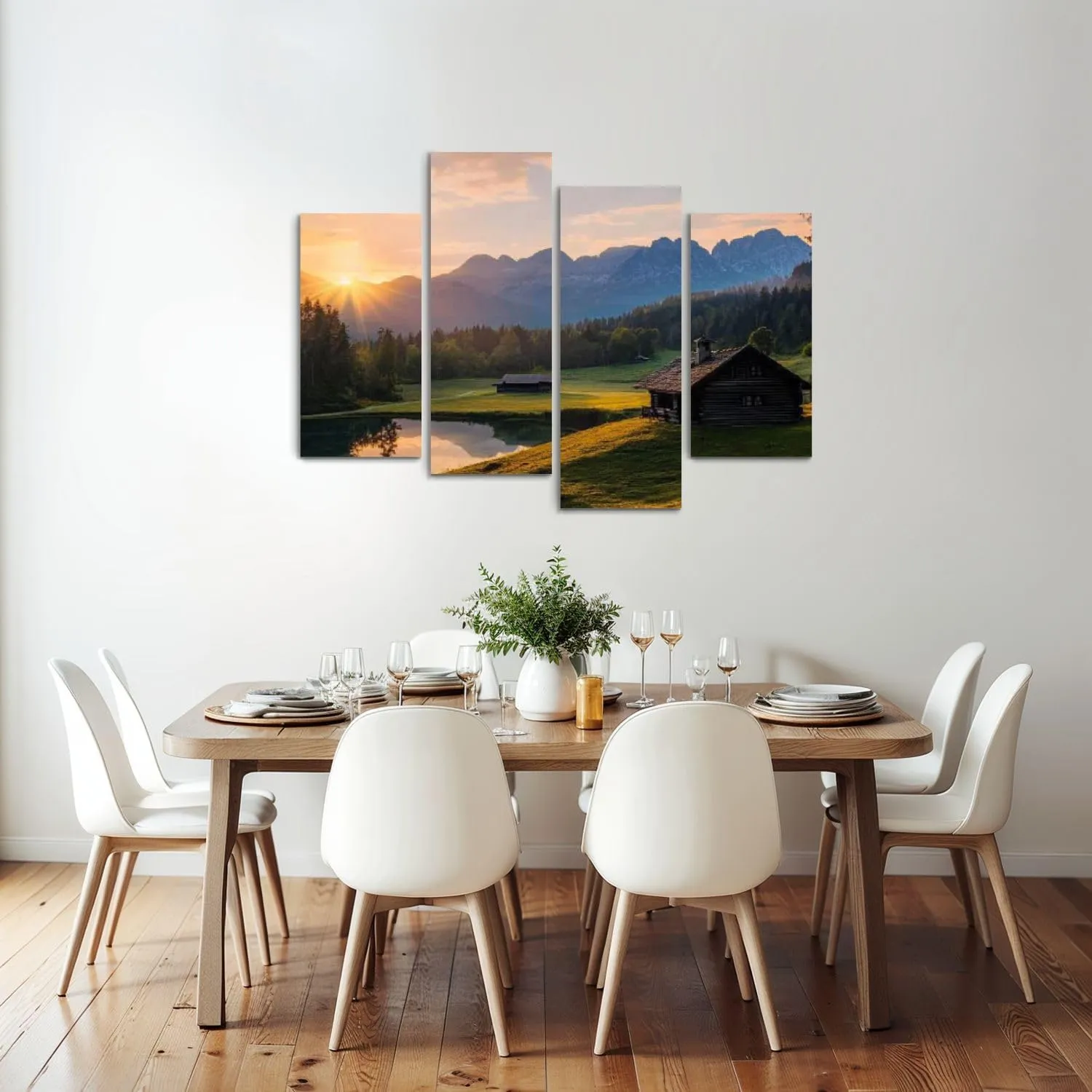 Canvas Wall Art Prints Magic Sunrise Alpine Lake Geroldsee view to mount Karwendel Garmisch 4 Piece Framed Wall Art Painting Pictures Artwork Posters Home Decor for Living Room Bedroom Office Gift