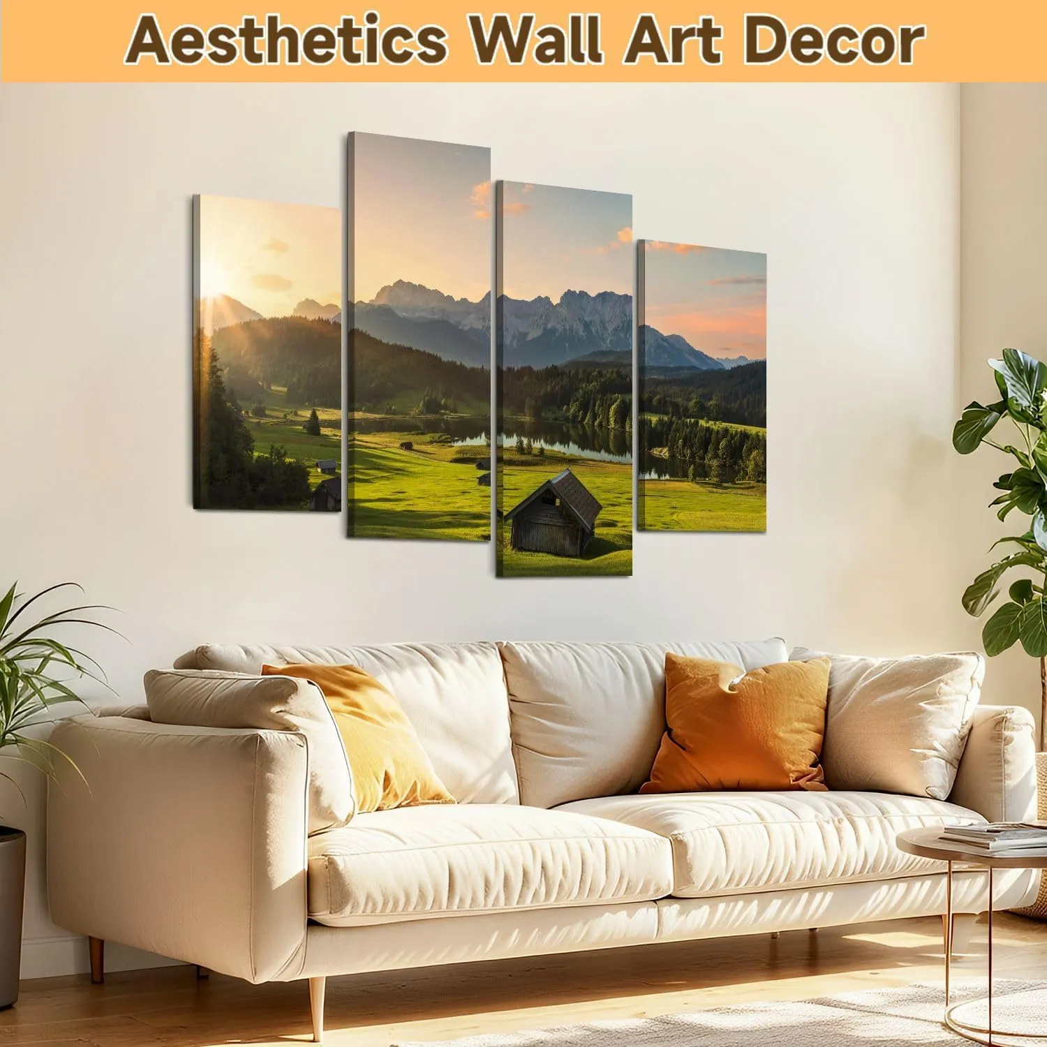 Canvas Wall Art Prints Magic Sunrise Alpine Lake Geroldsee view to mount Karwendel Garmisch 4 Piece Framed Wall Art Painting Pictures Artwork Posters Home Decor for Living Room Bedroom Office Gift