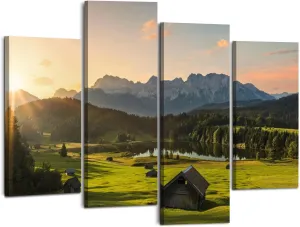 Canvas Wall Art Prints Magic Sunrise Alpine Lake Geroldsee view to mount Karwendel Garmisch 4 Piece Framed Wall Art Painting Pictures Artwork Posters Home Decor for Living Room Bedroom Office Gift