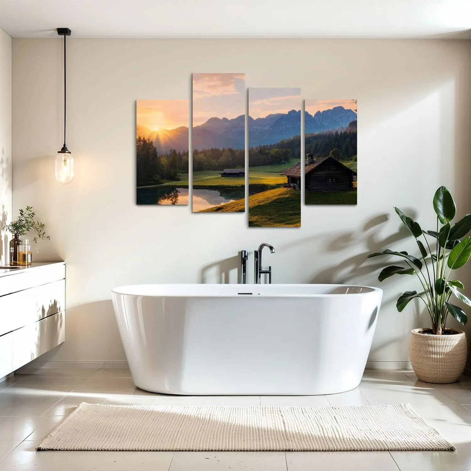 Canvas Wall Art Prints Magic Sunrise Alpine Lake Geroldsee view to mount Karwendel Garmisch 4 Piece Framed Wall Art Painting Pictures Artwork Posters Home Decor for Living Room Bedroom Office Gift