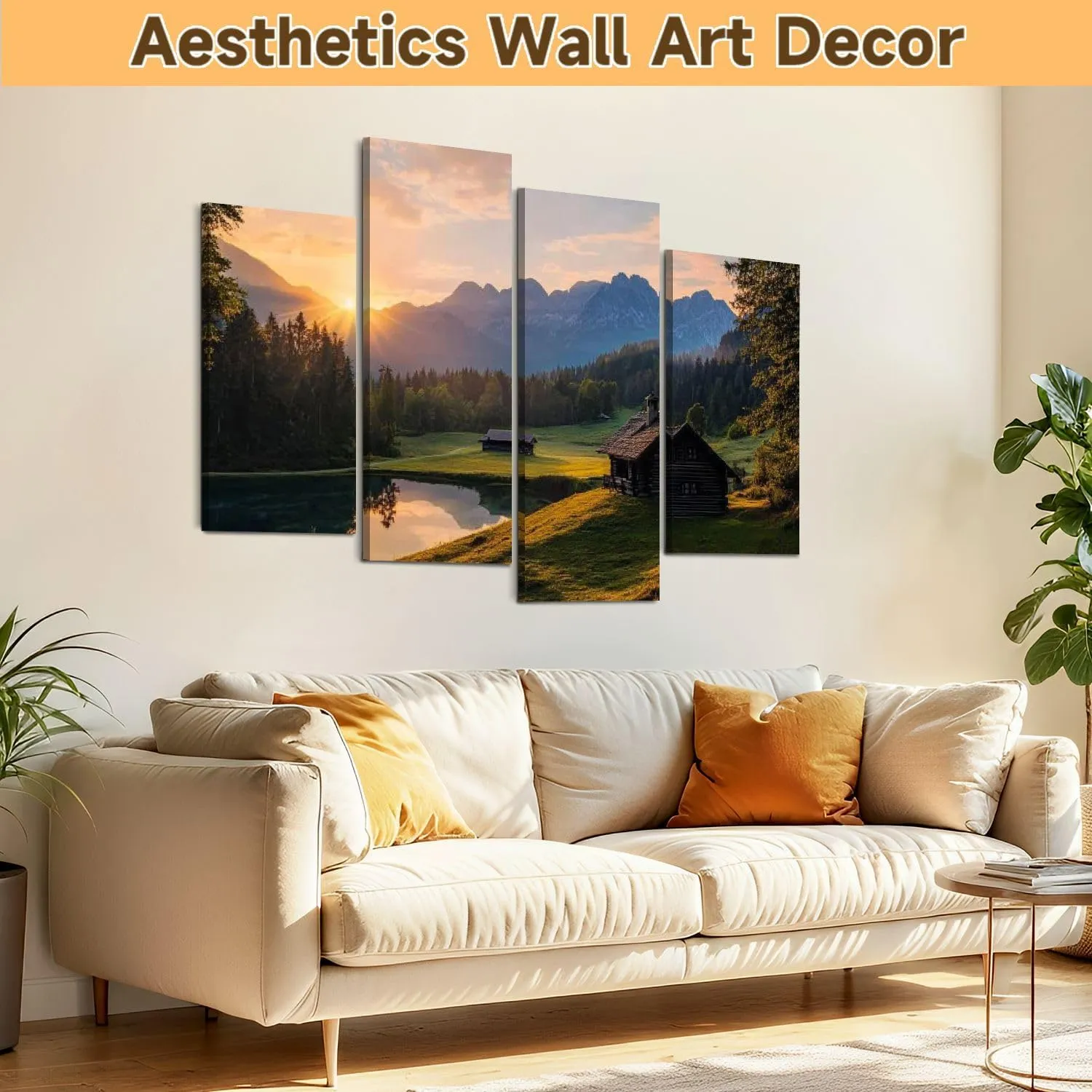 Canvas Wall Art Prints Magic Sunrise Alpine Lake Geroldsee view to mount Karwendel Garmisch 4 Piece Framed Wall Art Painting Pictures Artwork Posters Home Decor for Living Room Bedroom Office Gift