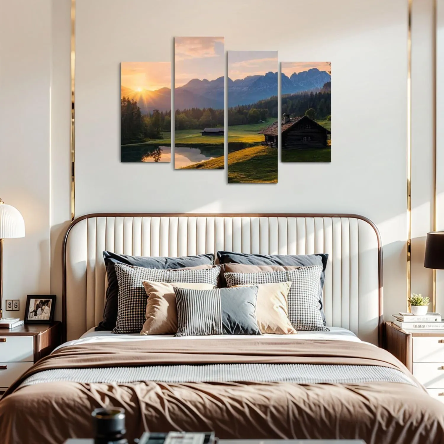 Canvas Wall Art Prints Magic Sunrise Alpine Lake Geroldsee view to mount Karwendel Garmisch 4 Piece Framed Wall Art Painting Pictures Artwork Posters Home Decor for Living Room Bedroom Office Gift