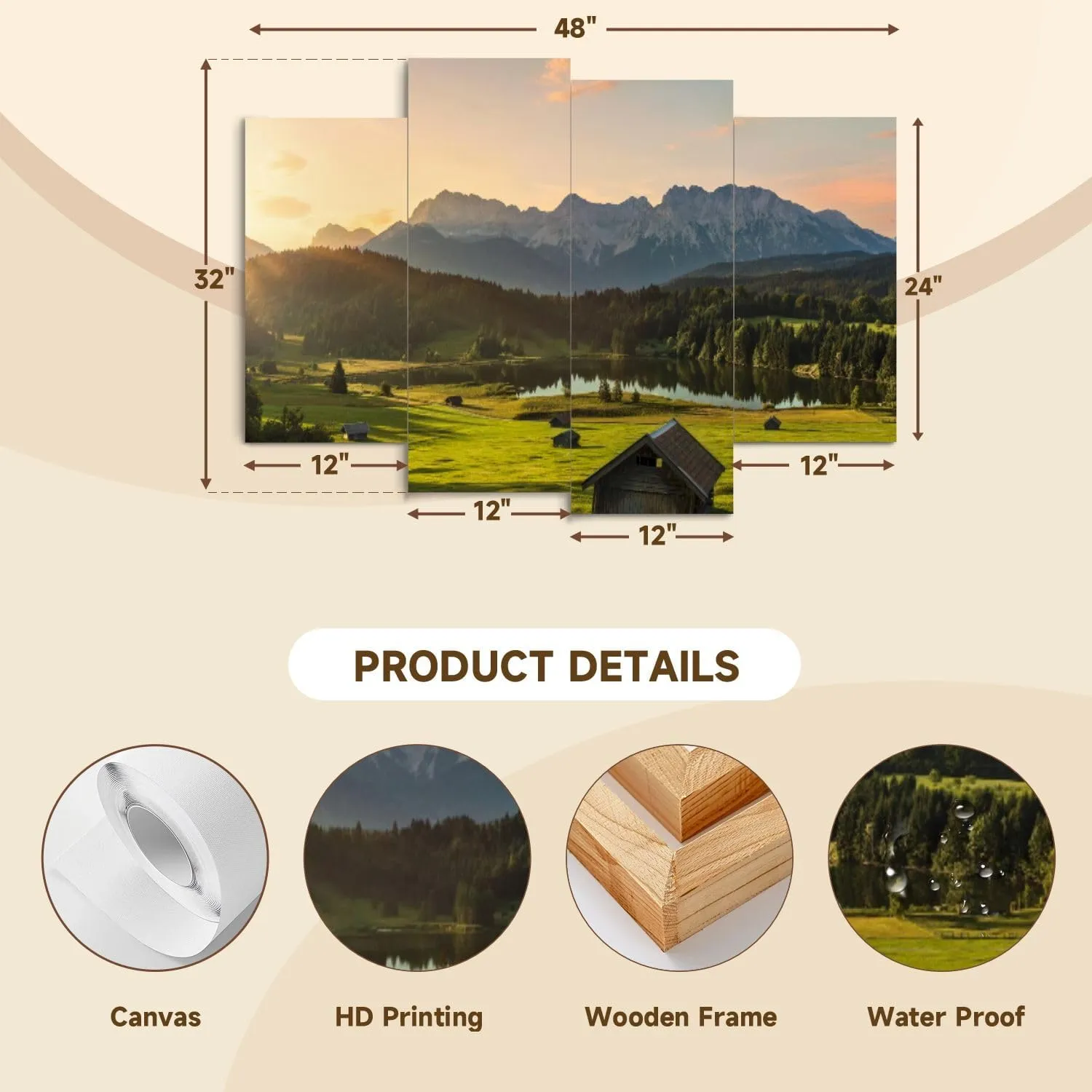 Canvas Wall Art Prints Magic Sunrise Alpine Lake Geroldsee view to mount Karwendel Garmisch 4 Piece Framed Wall Art Painting Pictures Artwork Posters Home Decor for Living Room Bedroom Office Gift