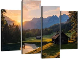 Canvas Wall Art Prints Magic Sunrise Alpine Lake Geroldsee view to mount Karwendel Garmisch 4 Piece Framed Wall Art Painting Pictures Artwork Posters Home Decor for Living Room Bedroom Office Gift