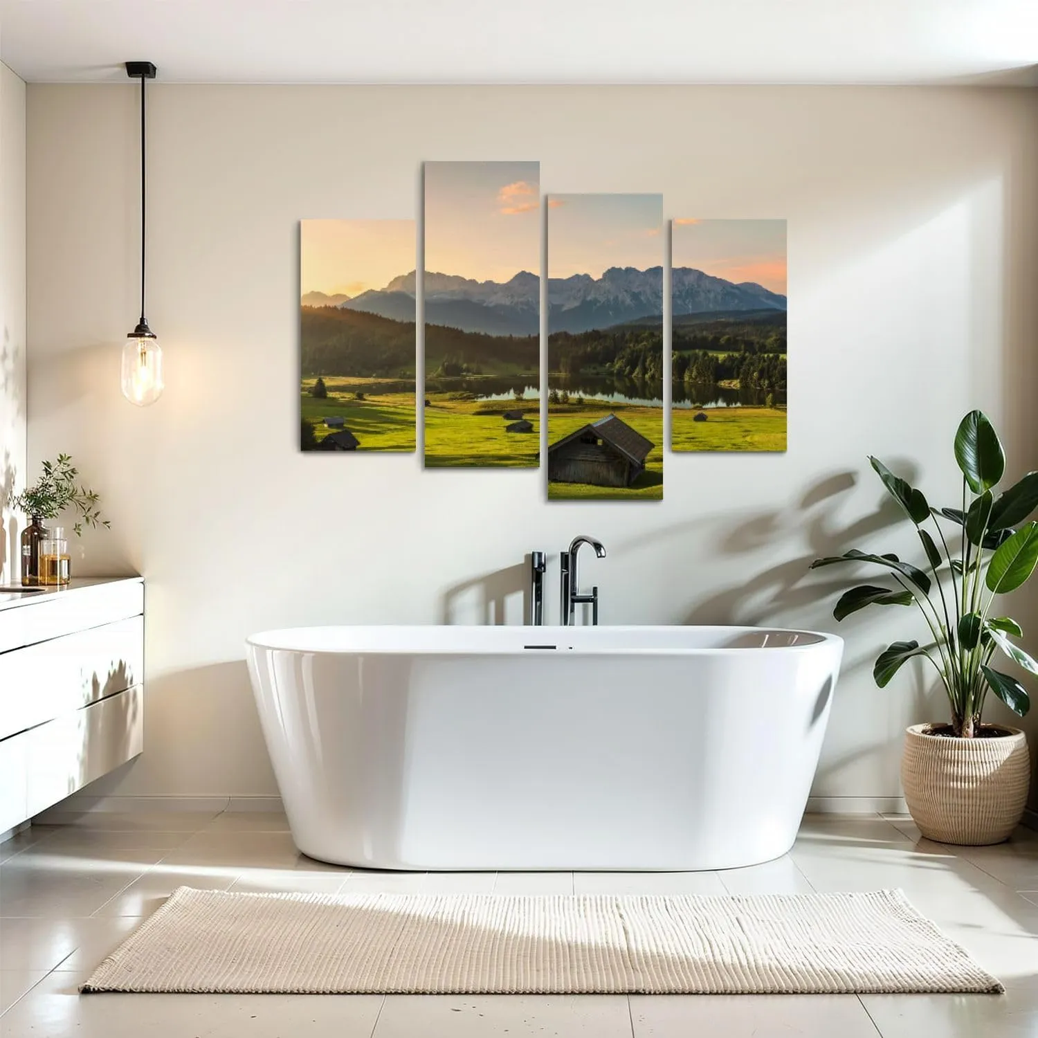 Canvas Wall Art Prints Magic Sunrise Alpine Lake Geroldsee view to mount Karwendel Garmisch 4 Piece Framed Wall Art Painting Pictures Artwork Posters Home Decor for Living Room Bedroom Office Gift