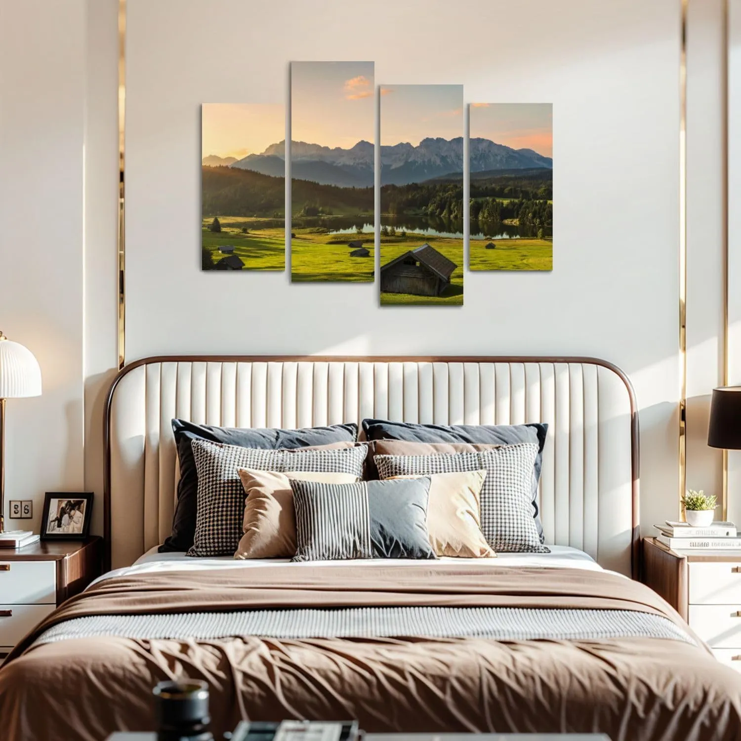 Canvas Wall Art Prints Magic Sunrise Alpine Lake Geroldsee view to mount Karwendel Garmisch 4 Piece Framed Wall Art Painting Pictures Artwork Posters Home Decor for Living Room Bedroom Office Gift