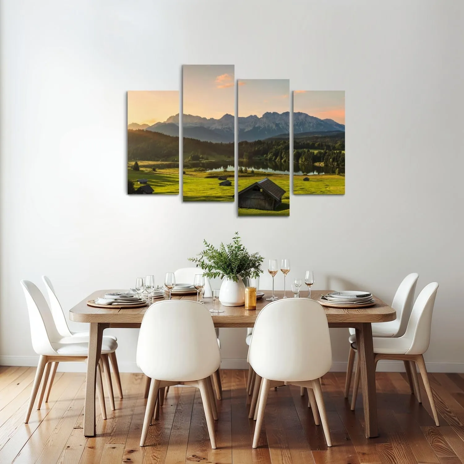 Canvas Wall Art Prints Magic Sunrise Alpine Lake Geroldsee view to mount Karwendel Garmisch 4 Piece Framed Wall Art Painting Pictures Artwork Posters Home Decor for Living Room Bedroom Office Gift
