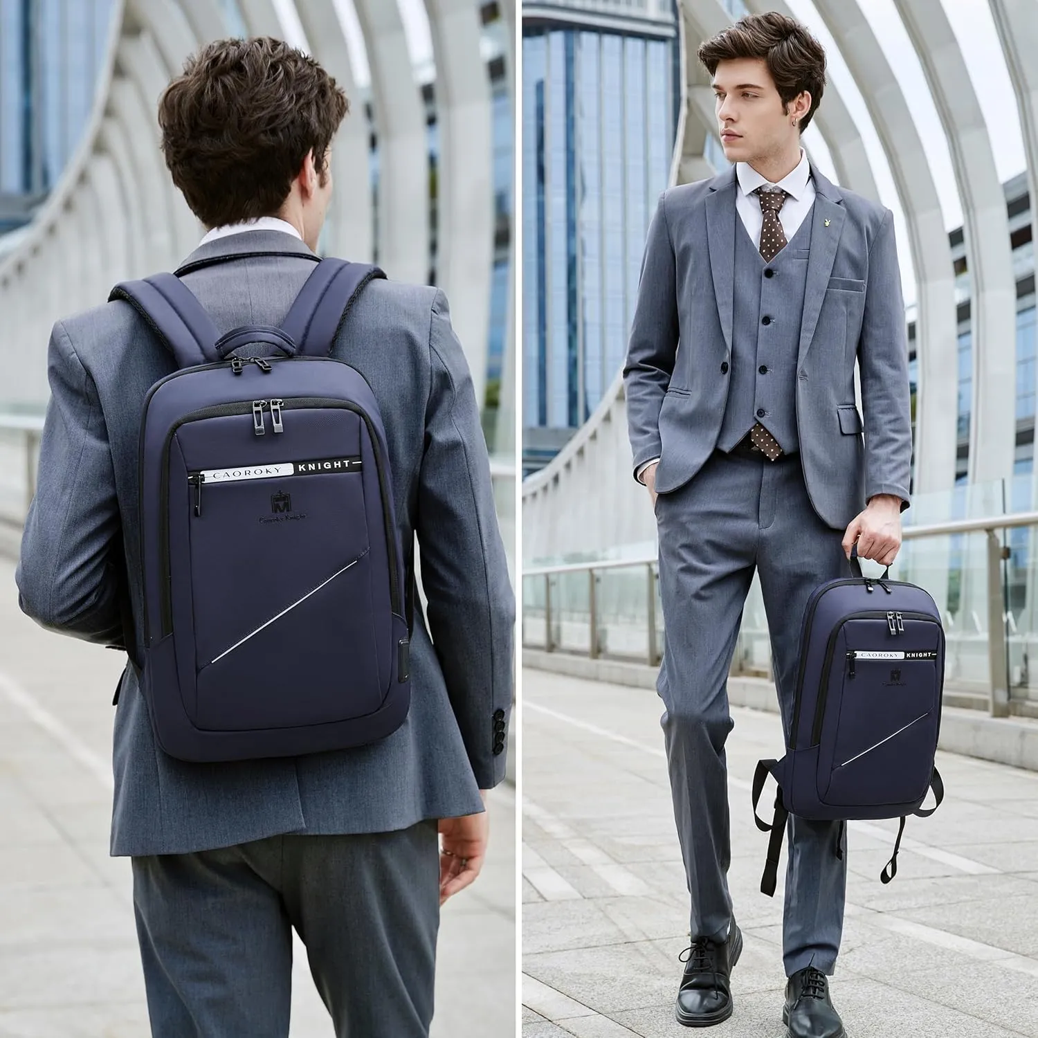 Caoroky knight Backpack Laptop Men 15.6 inch Slim Work Business Backpacks with USB Charging Port Mens Travel Bag Bookbag (Blue, Medium)