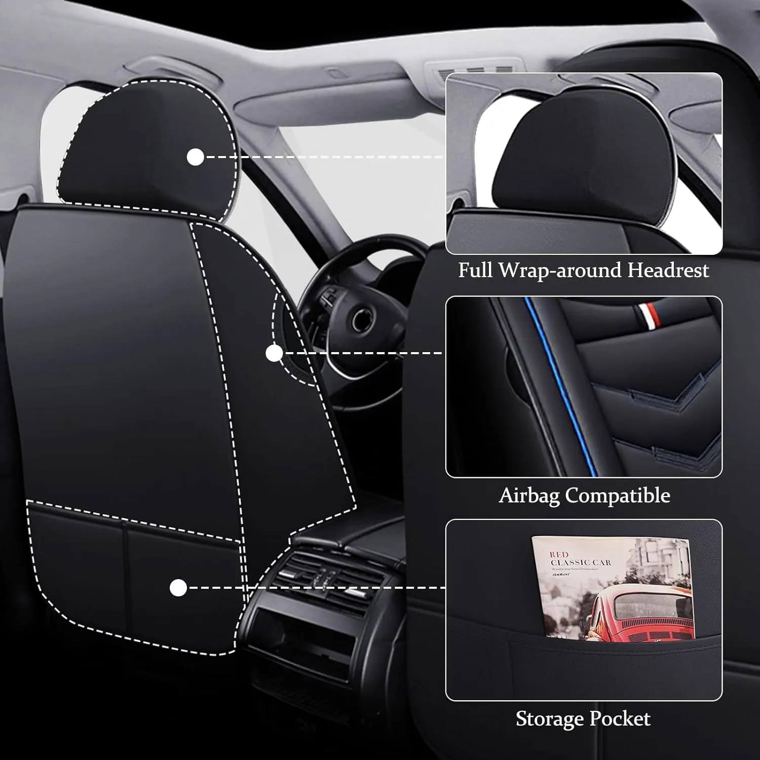 Car Seat Cover 8 Seats for Chevrolet Suburban 2000-2023, Waterproof Durable Compatible Airbag, Premium Leather Seat Protector(8 Seats Luxury,Black Blue)