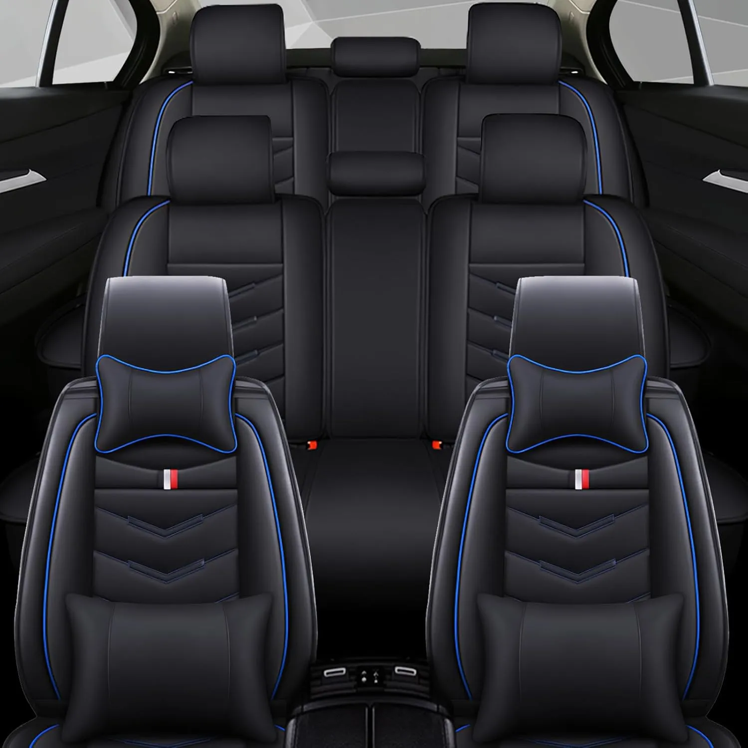 Car Seat Cover 8 Seats for Chevrolet Suburban 2000-2023, Waterproof Durable Compatible Airbag, Premium Leather Seat Protector(8 Seats Luxury,Black Blue)