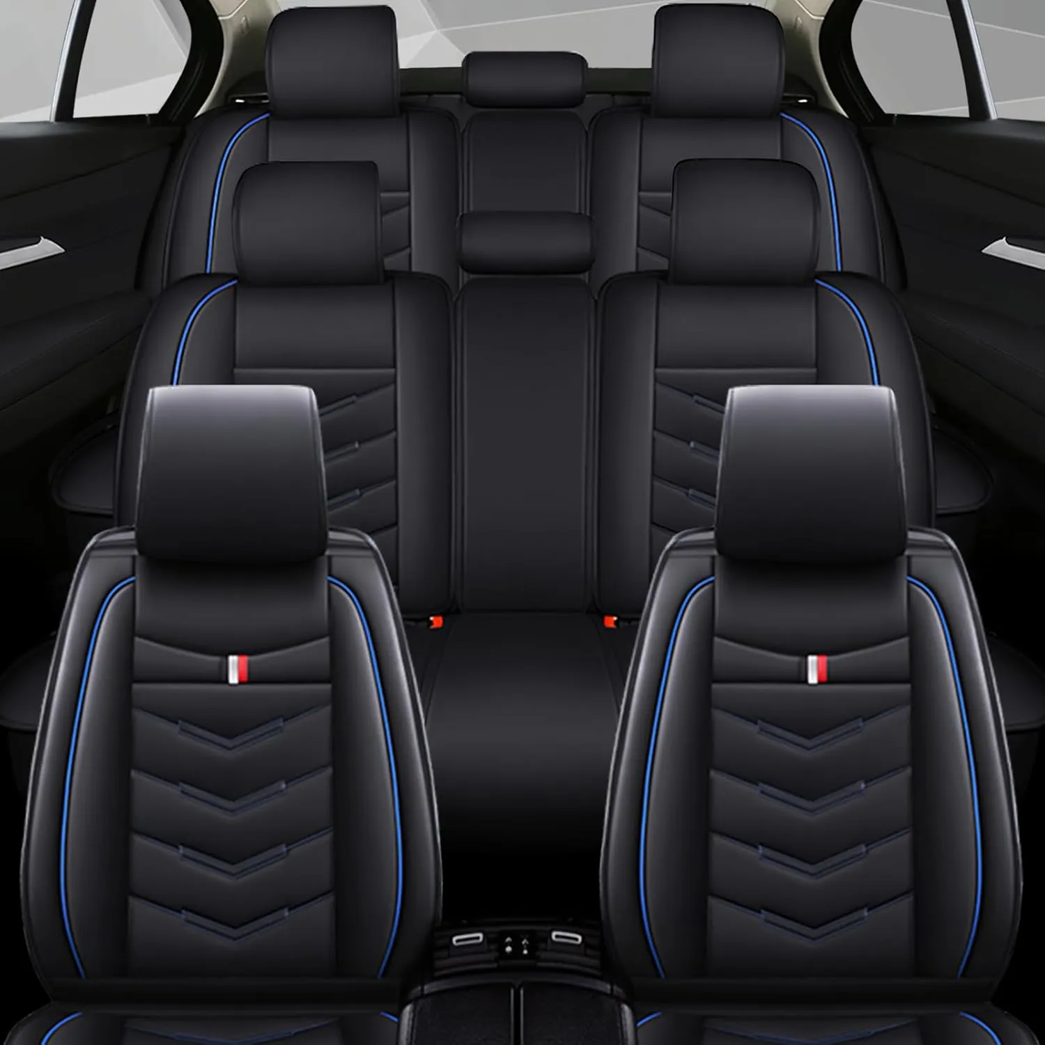 Car Seat Cover 8 Seats for Subaru Ascent 2019-2025, Waterproof Durable Compatible Airbag, Premium Leather Seat Protector(8 Seats Standard,Black Blue)