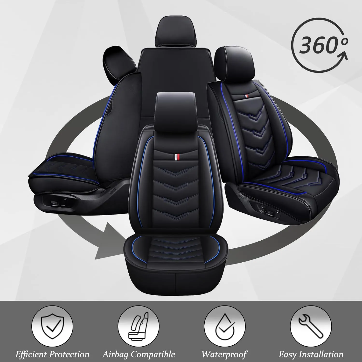 Car Seat Cover 8 Seats for Subaru Ascent 2019-2025, Waterproof Durable Compatible Airbag, Premium Leather Seat Protector(8 Seats Standard,Black Blue)