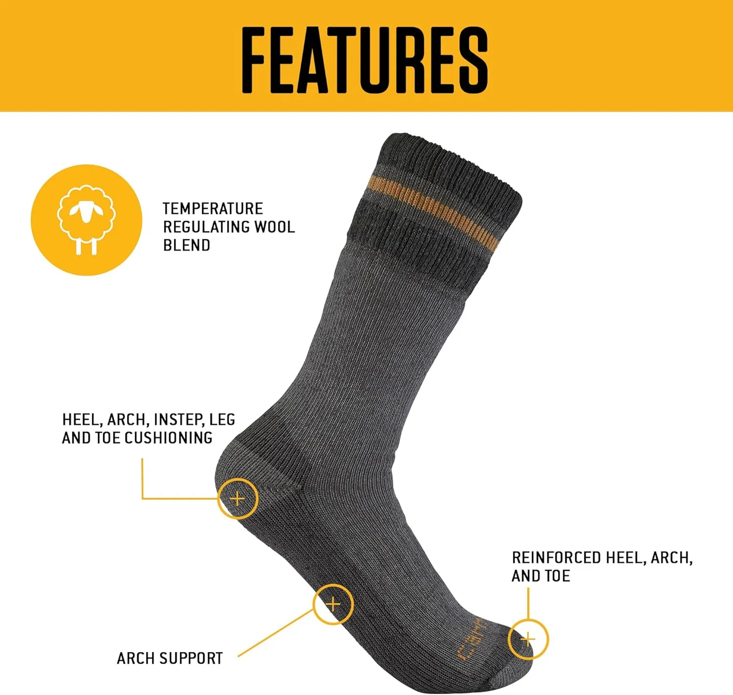 Carhartt Men's Heavyweight Synthetic-Wool Blend Boot Sock 2 Pack