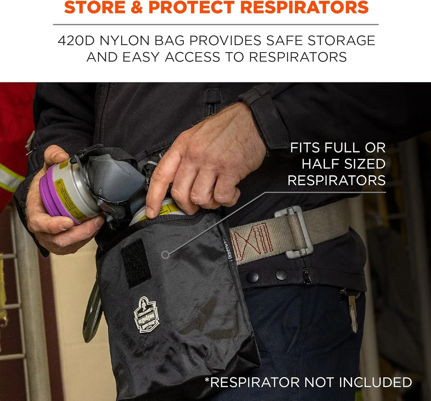 Carry Pouch for Full Respirator Masks, Straps to Attach Around Belt, Cover Flap Closure, 10" L x 3.5" W, 6" H, Ergodyne Arsenal 5181 , Black