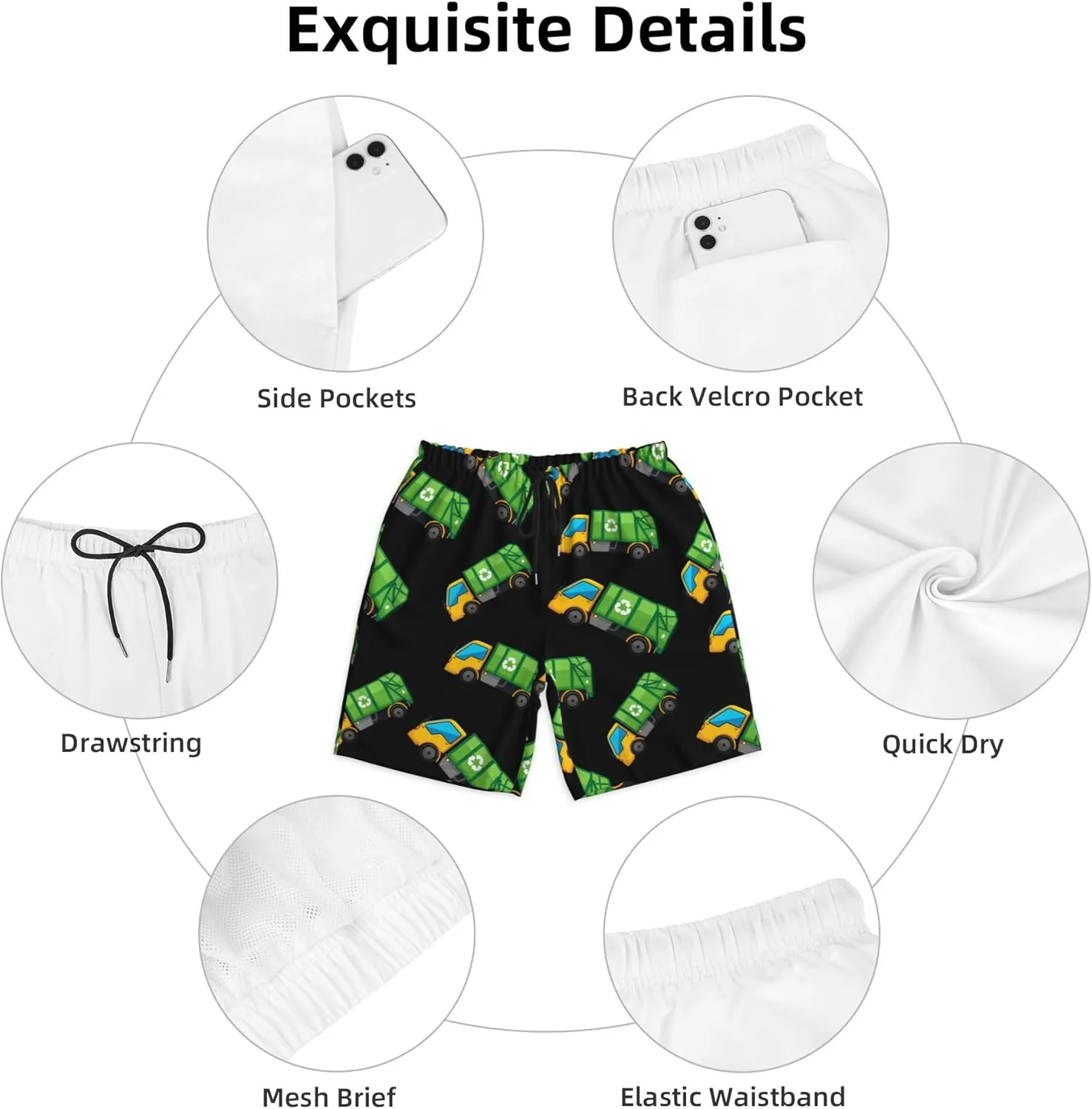 Cartoon Garbage Truck Mens Swim Trunks Quick Dry Swim Shorts Swimwear Bathing Suits with Pockets