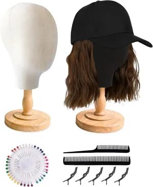 CHADWICK Canvas & Black 21 Inch Mannequin Head Set with Detachable Wood Stands, for Wig Making, Hat and Jewelry Display – Includes 7-piece Crocodile Clip & Comb Set, Multi-Color Pin Tray