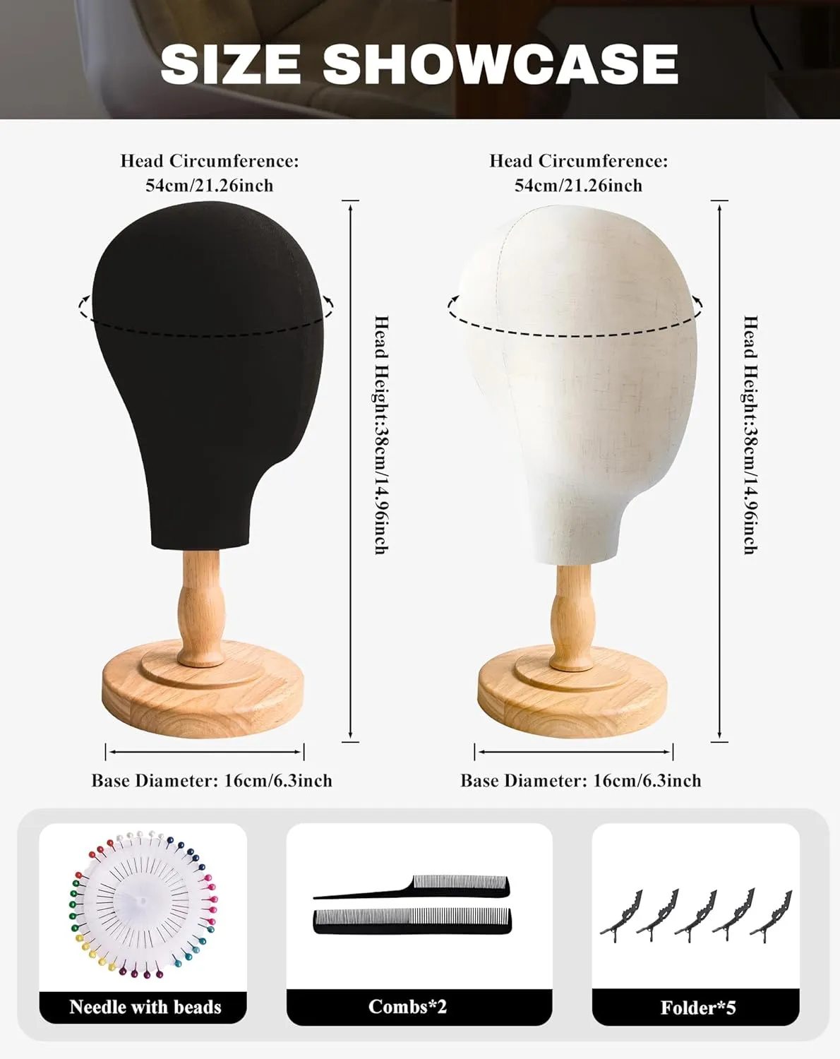 CHADWICK Canvas & Black 21 Inch Mannequin Head Set with Detachable Wood Stands, for Wig Making, Hat and Jewelry Display – Includes 7-piece Crocodile Clip & Comb Set, Multi-Color Pin Tray