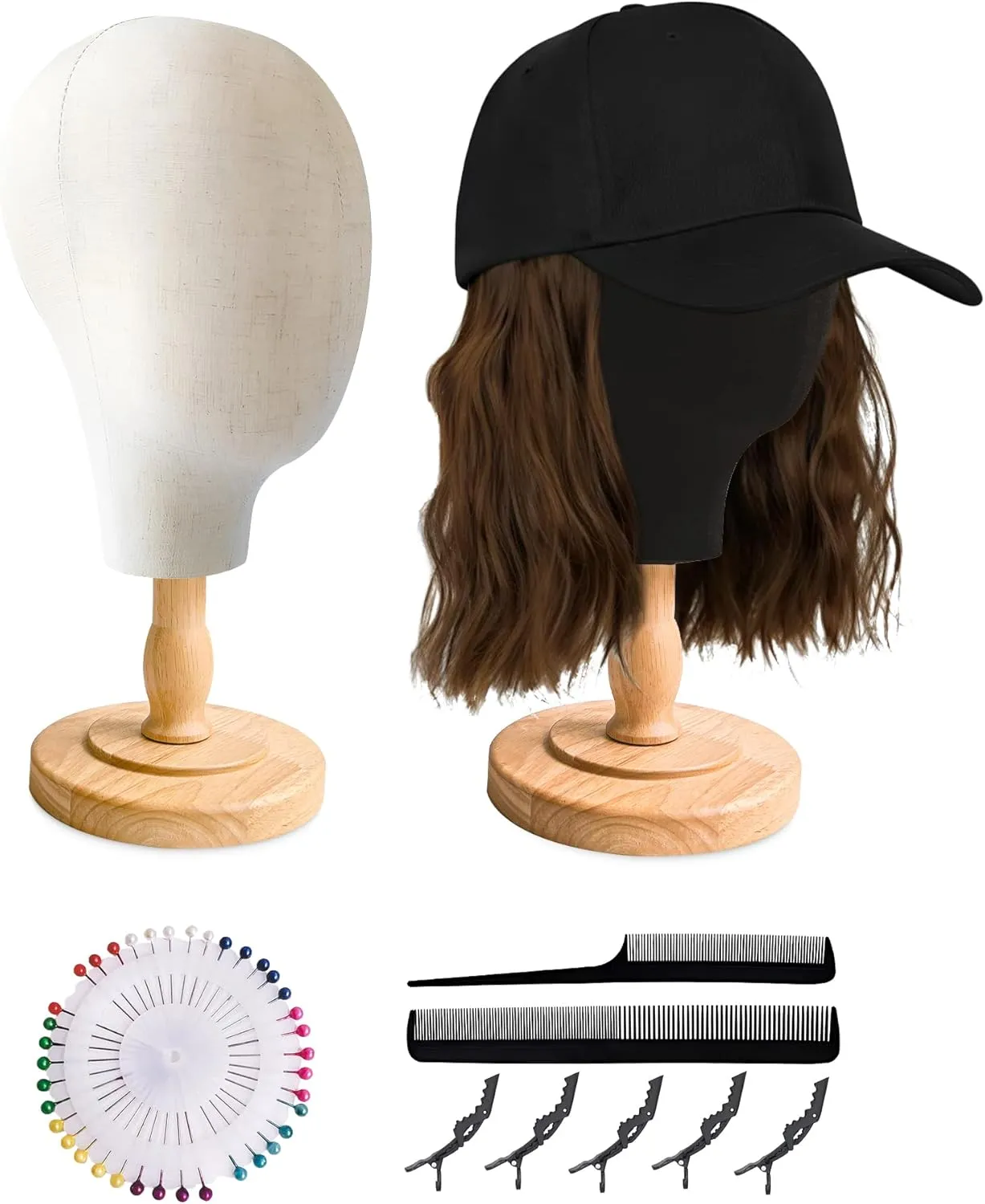 CHADWICK Canvas & Black 21 Inch Mannequin Head Set with Detachable Wood Stands, for Wig Making, Hat and Jewelry Display – Includes 7-piece Crocodile Clip & Comb Set, Multi-Color Pin Tray