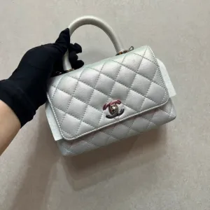 CHANEL Ivory Quilted Leather Top Handle Bag