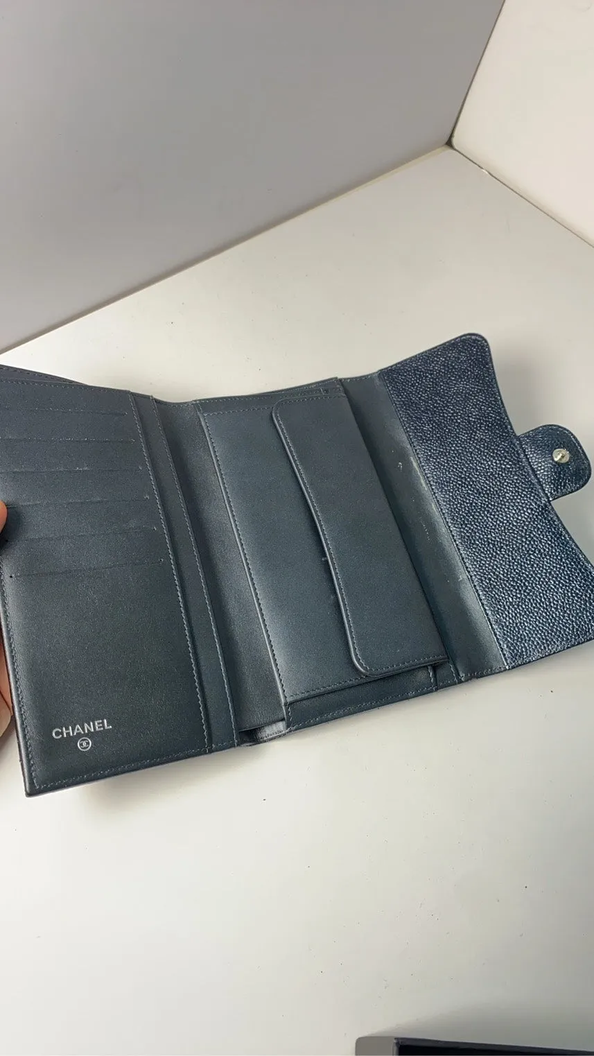 Chanel Quilted Navy Blue Leather Wallet with Box and Free Chain