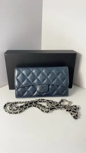 Chanel Quilted Navy Blue Leather Wallet with Box and Free Chain