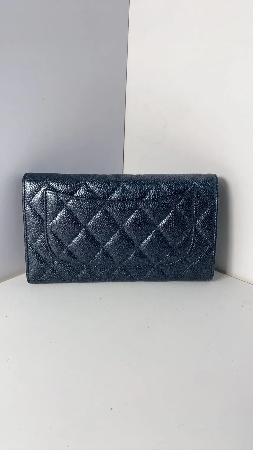 Chanel Quilted Navy Blue Leather Wallet with Box and Free Chain