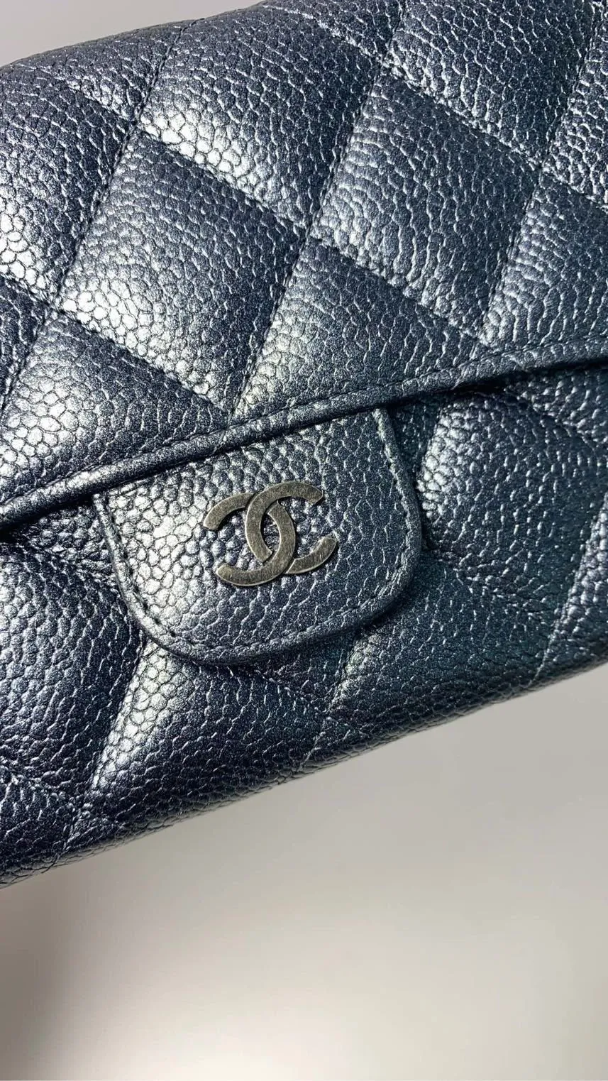 Chanel Quilted Navy Blue Leather Wallet with Box and Free Chain